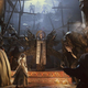 Countess Alcina Dimitrescu, Angie, Salvatore Moreau, and Karl Heisenberg listen on as Mother Miranda speaks to them in Resident Evil Village.